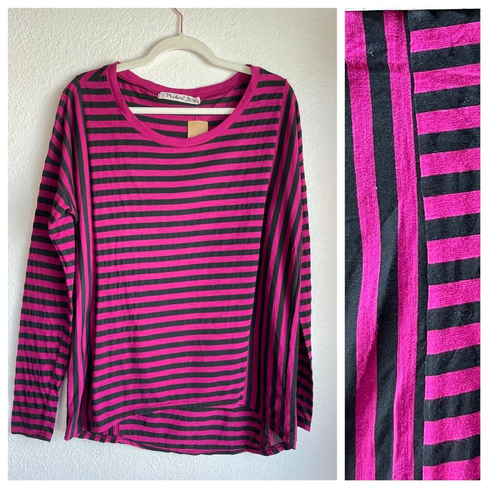 NWT Michael Stars Beetlejuice Hi-Low Long Sleeve Tunic in Magenta & Black Stripe